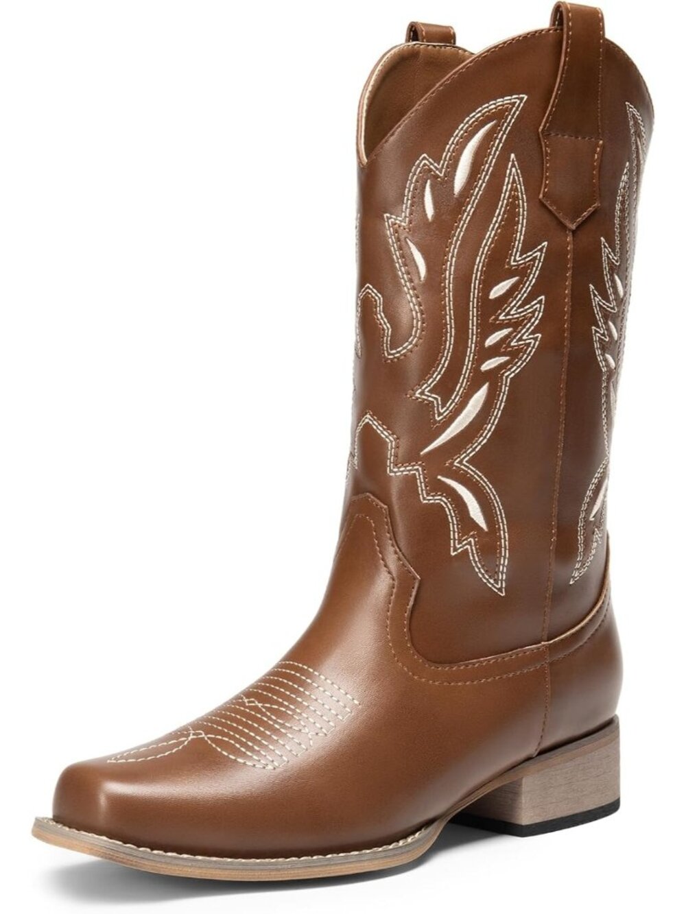 Women’s Brown Mid Calf Cowboy Boots Embroidered Stitched Square Toe Western Boot